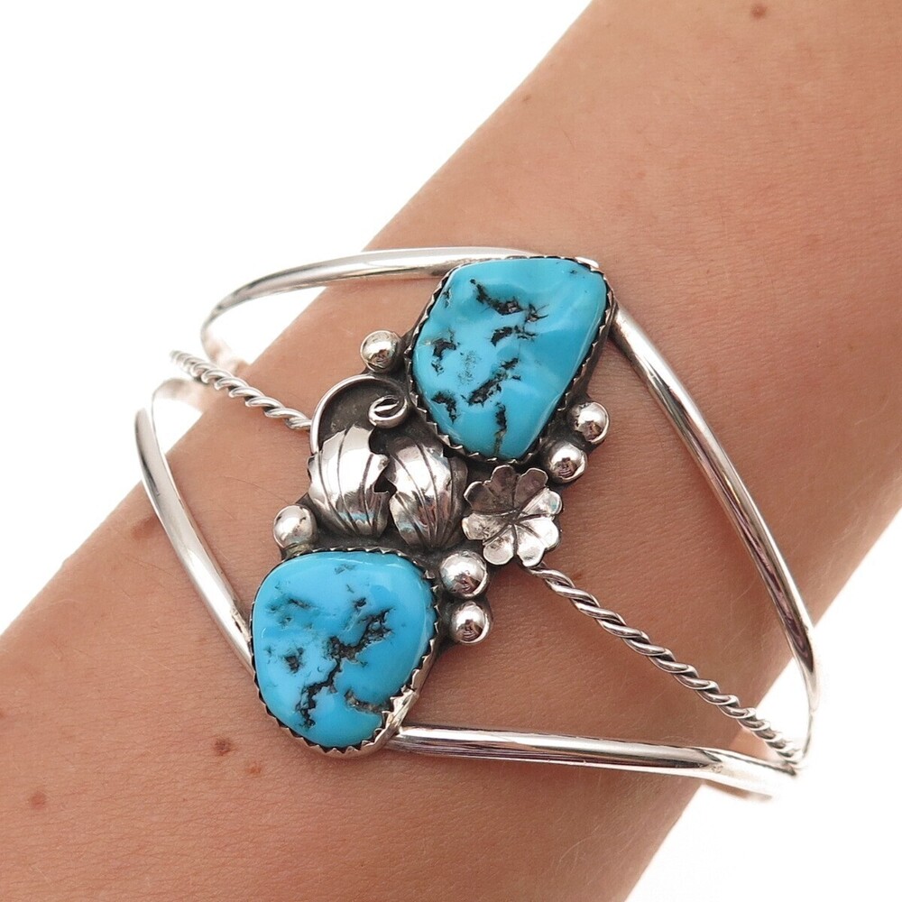 Old Pawn 925 Sterling Silver Vintage Turquoise Floral Adjustable Bracelet 7"